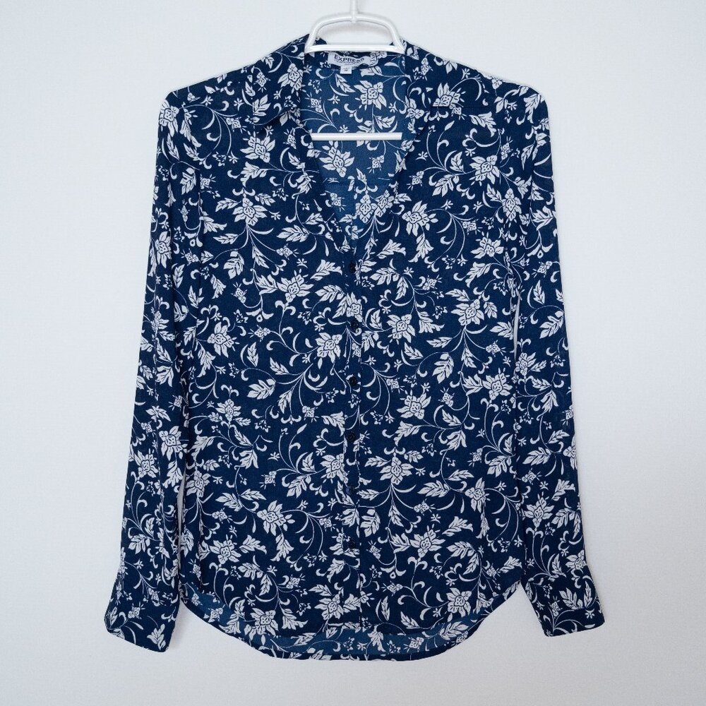 Express The Portofino Shirt Slim Fit Blue White Floral Pattern Semi-Sheer XS